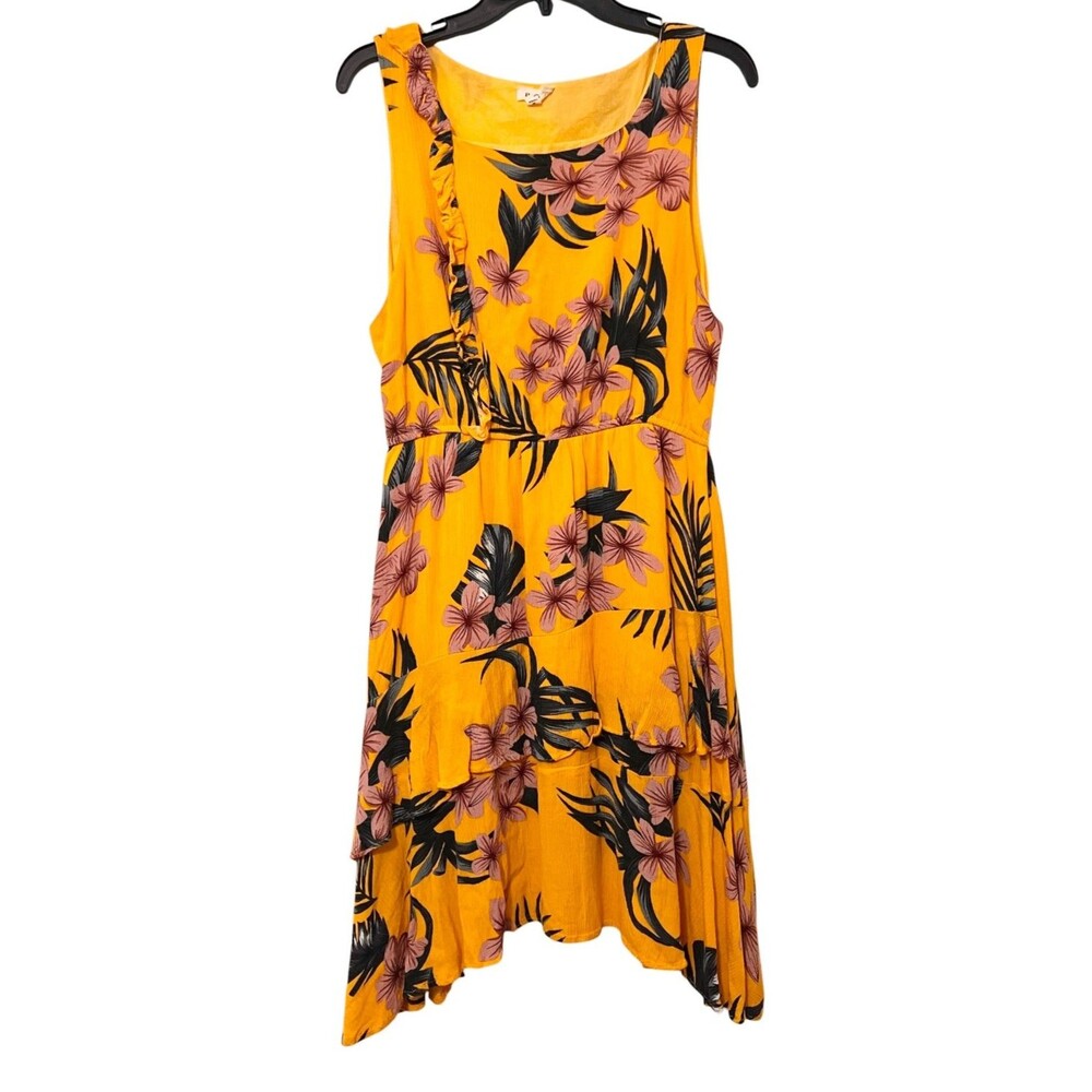 POL Yellow Floral Hawaiian Sleeveless Dress Tiered Crinkle Tropical Boho Small